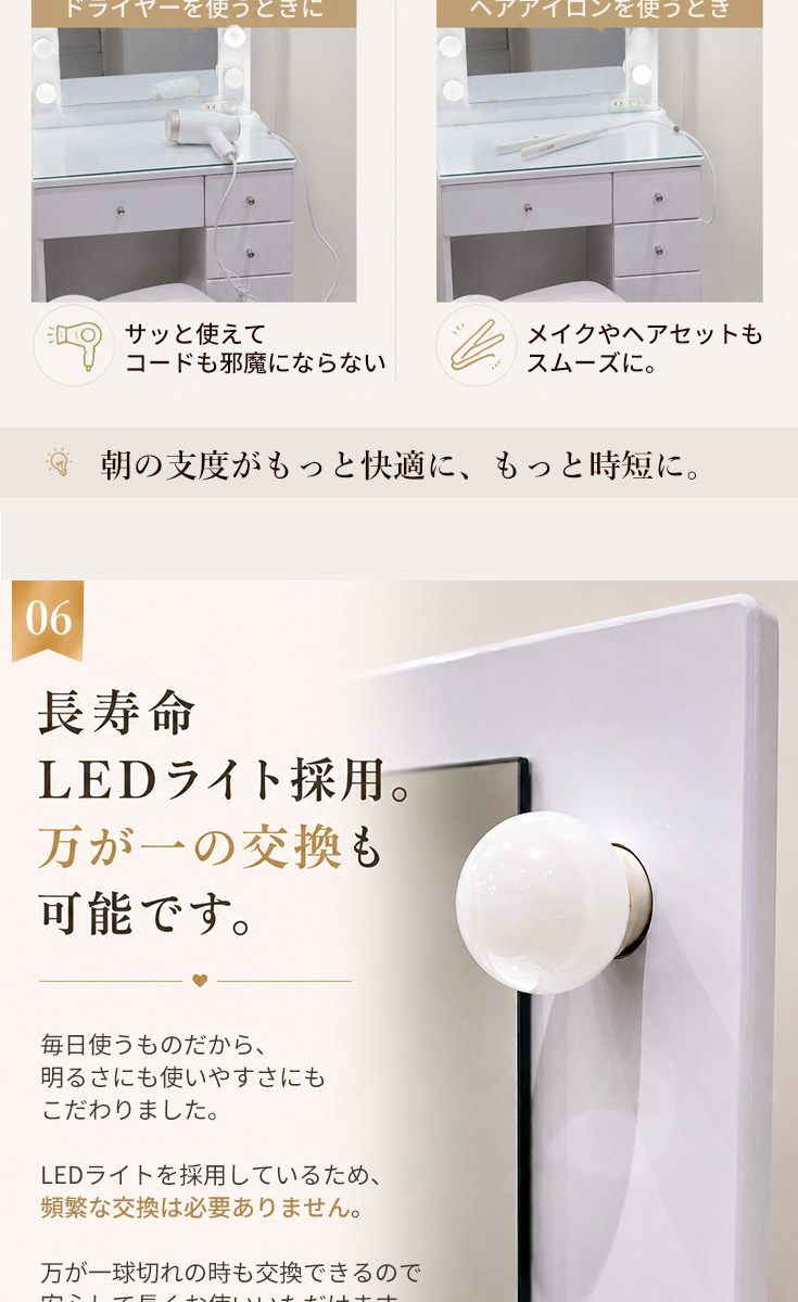 ドレッサー コンパクト LEDライト付き 一面鏡 グロス 幅60cm 化粧台