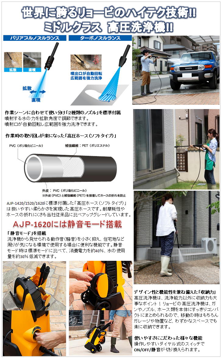 AJP-1620SP（AJP1620SP）タイヤ付リョービ高圧洗浄機（RYOBI）延長高圧