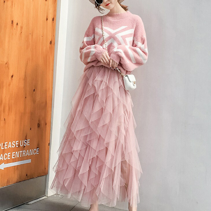 チュールスカート ロング 黒 白 ベージュ グレー ピンク