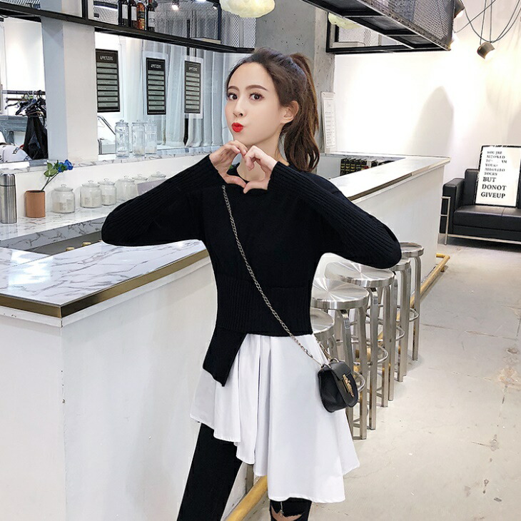 リブニット ニットブラウス フィッシュテールシャツ アシンメトリー デザイン シャツ ニット セーター カットソー トップス ベーシック シンプル 大人