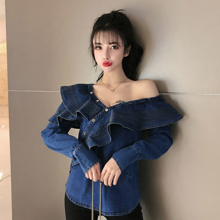 デニムフリルシャツ カットソー カシュクール スリット デニム ダンガリー フリル Vネック タンガリー デニムフリル 長袖 トップス シンプル 大人 オフィス