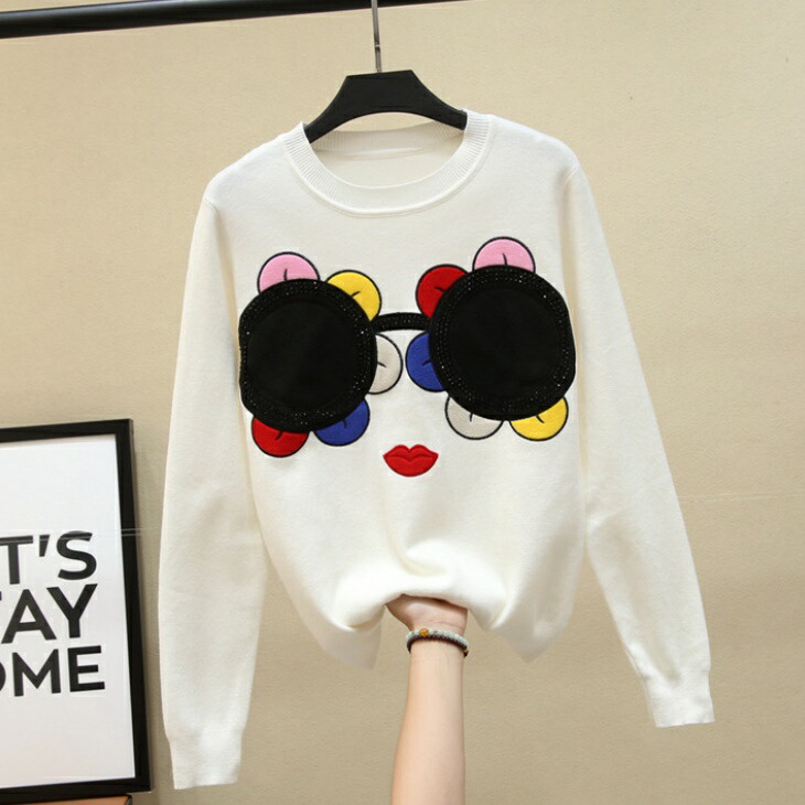 サングラス 女の子 カラフル ケーブルニット プルオーバー ルーズシルエット ニット トップス セーター 長袖 上品カジュアル シンプル カジュアル 大人 上品