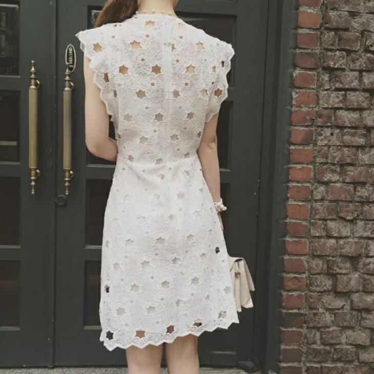 ゆったり デザイン フラワー フリル レース 刺繍 Aライン フレア ワンピース ノースリーブ ロング丈 ドレスワンピ キャバドレス パーティードレス