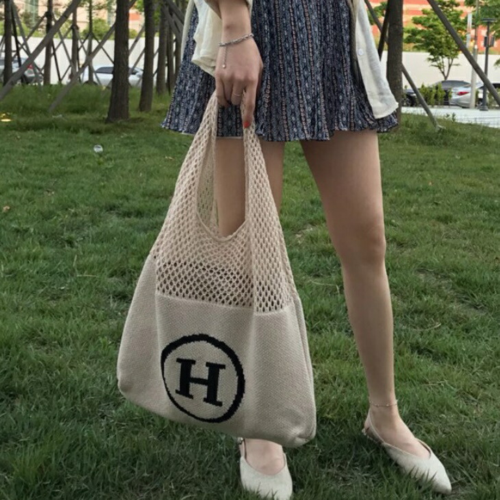 バッグ レディース Hロゴ トートバッグ ショルダー 編み 夏 キャンバス