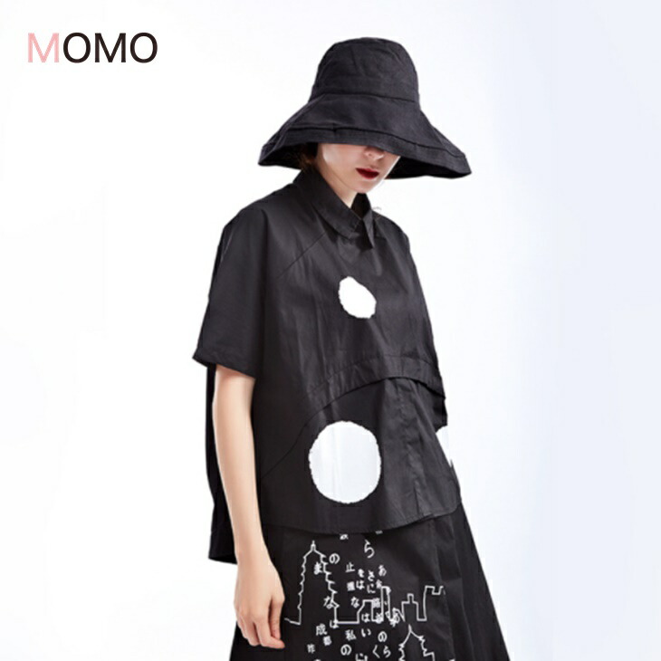 モード系半袖水玉シャツ ナチュラルシャツ モードシャツ かっこいいロングシャツ シンプルシャツ 大人カジュアル 大人ファッション 大人コーデ