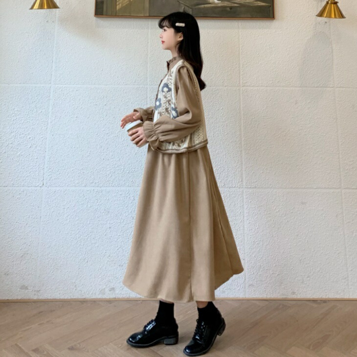 セット販売】鍵編みベスト＋Aラインワンピース ルーズワンピ