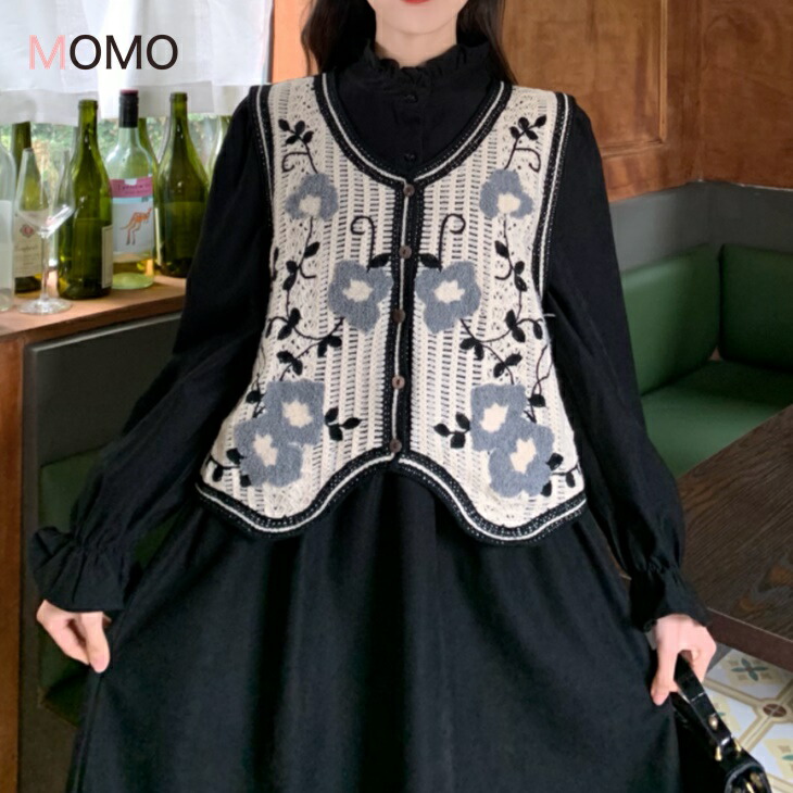 【セット販売】鍵編みベスト＋Aラインワンピース ルーズワンピ カジュアルニットベスト ふわっとワンピ 編み込みベスト 大人ファッション 大人コーデ セット販売】鍵編みベスト＋Aラインワンピース ルーズワンピ