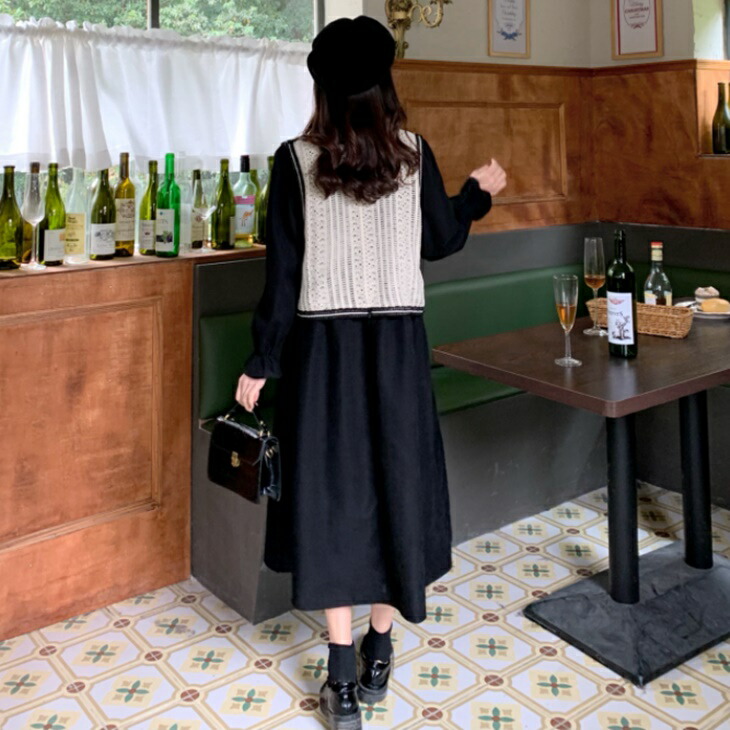 セット販売】鍵編みベスト＋Aラインワンピース ルーズワンピ