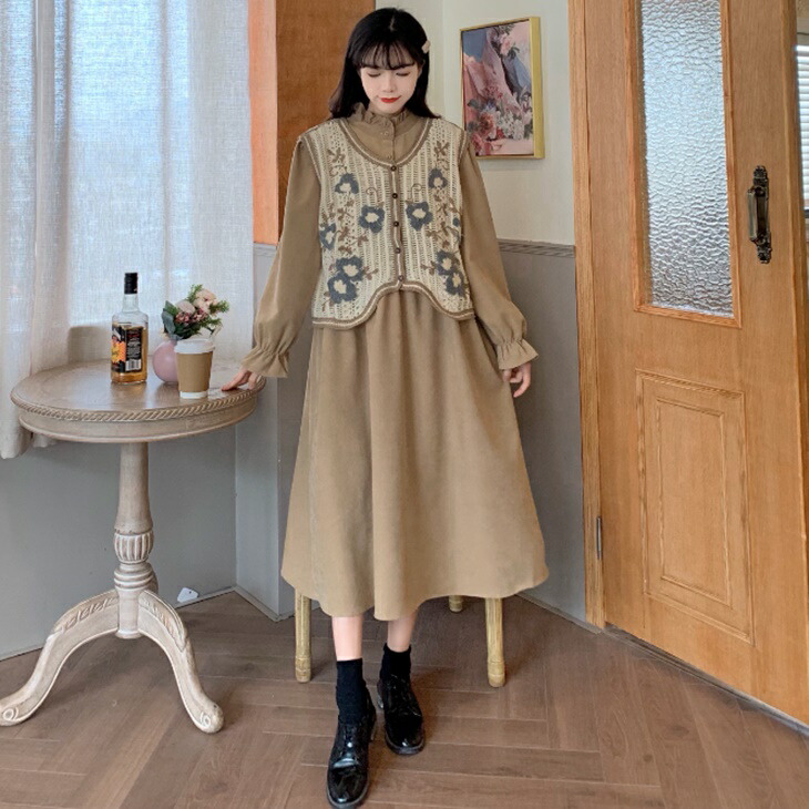 【セット販売】鍵編みベスト＋Aラインワンピース ルーズワンピ カジュアルニットベスト ふわっとワンピ 編み込みベスト 大人ファッション 大人コーデ セット販売】鍵編みベスト＋Aラインワンピース ルーズワンピ