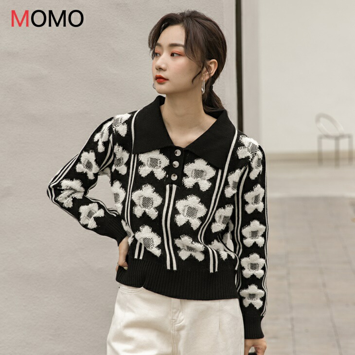 襟付き花柄ニットセーター ウールニットセーター 大きな花柄ニットセーター 普段着ニットセーター 大人カジュアルコーデ アラサーちゃんコーデ