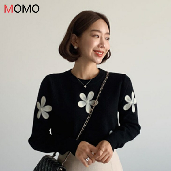 花柄刺繍のラウンドニットセーター フラワーモチーフニット 秋冬ニットセーター 普段着ニット 大人カジュアルコーデ アラサーちゃんコーデ アラサーコーデ