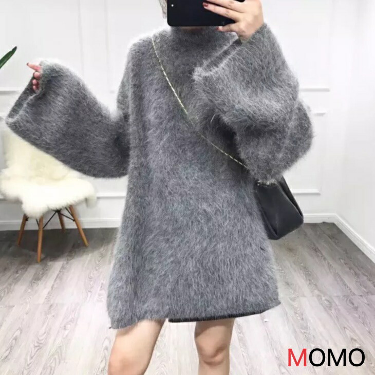 ルーズモヘア風ロングニットセーター ざっくりルーズニットセーター プルオーバー  フェイクミンクファー 大人カジュアルコーデ アラサーちゃんコーデ