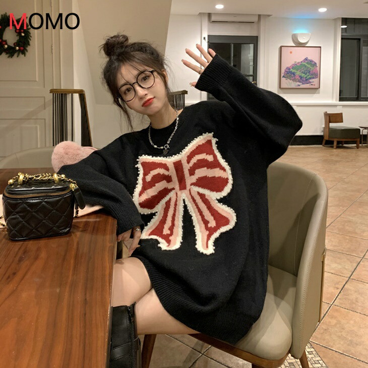 厚手ボウタイ柄が可愛いニットプルオーバーセーター 温かカジュアルニットセーター スリムニットセーター 大人カジュアル アラサーちゃん アラサーコーデ