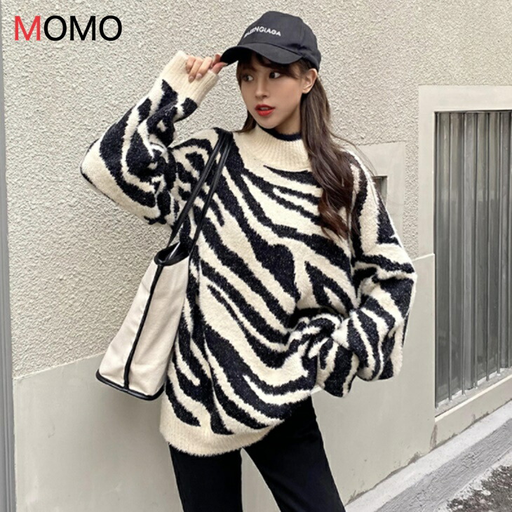 ゼブラ柄厚手ニットセーター ざっくりサイズの温かニットセーター 大人カジュアル アラサーちゃん アラサーコーデ アラフォーコーデ シンプルコーデ