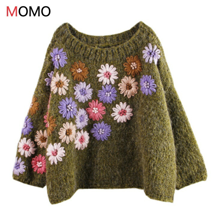 立体フラワー刺繍付きラウンドネックセーター 綺麗ニットセーター ルーズニッセーター 大人カジュアル アラサーちゃん アラサーコーデ アラフォーコーデ