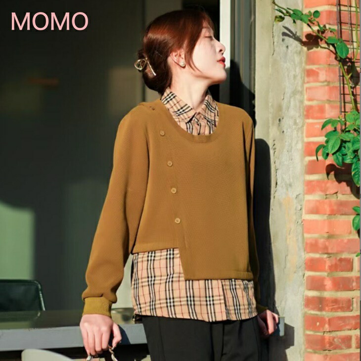 ドッキングニット チェック柄シャツ+変形ニットセーター Uネックニット 格子柄シャツセーター  大人カジュアル アラサーコーデ ナチュラルコーデ 韓国