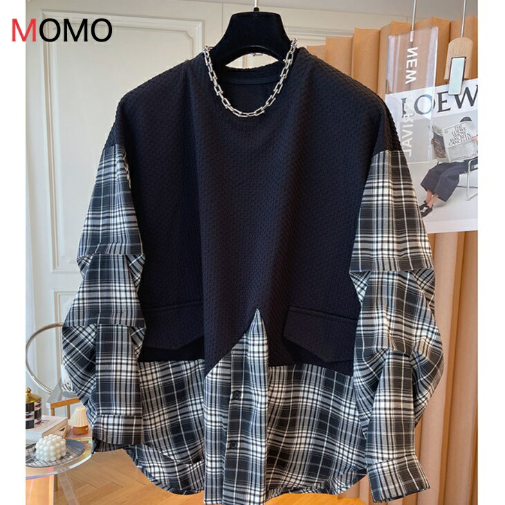 ドッキングニットセーターシャツ Uネックニットセーター+チェック柄シャツブラウス 伸縮素材 大人カジュアル アラサーコーデ ナチュラルコーデ 韓国
