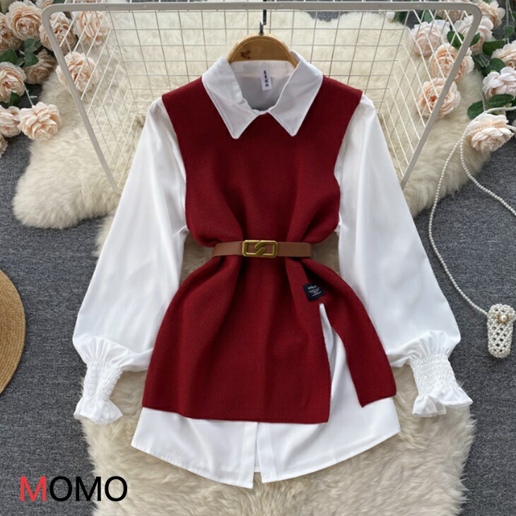ロングニットベスト デザインシャツ セット販売 ツーピース ベルト付き シンプルコーデ ブラウスシャツ 手間いらずコーデ 大人カジュアルコーデ