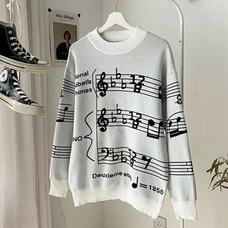 シンプルニット 音符ニット Uネックニット ニットセーター  秋冬シャツ ツートンカラー ニットシャツ アラサーおしゃれニット おとなファッション