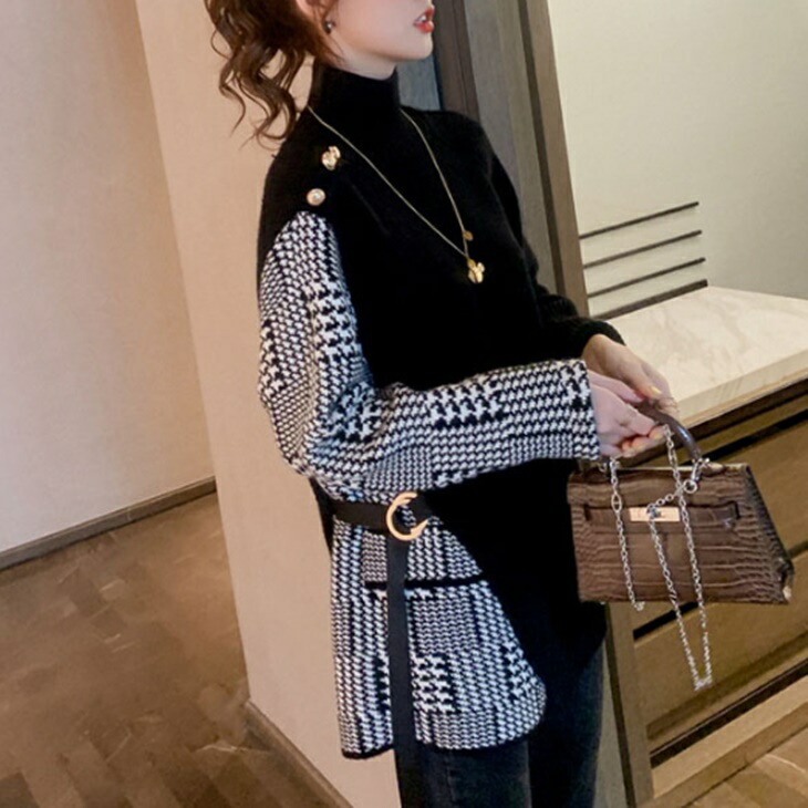 千鳥柄ニット 切り替えニット ハイネックニット ニットセーター  秋冬シャツ ツートンカラー ニットシャツ アラサーおしゃれニット おとなファッション