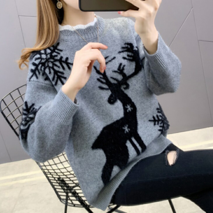 ルーズセーター トナカイキャラクター ボトムニット 大き目ニット ミドル丈ニット 大人ファッション 大人コーデ 大人カジュアル ママコーデ ワンマイルコーデ