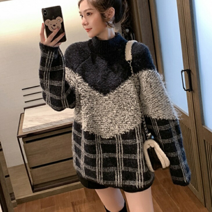 チェック柄ルーズニット プルオーバーセーター  秋冬ニット 大人ニット 大人カジュアル 大人ガーリー 大人韓国コーデ 大人コーデ 大人可愛い