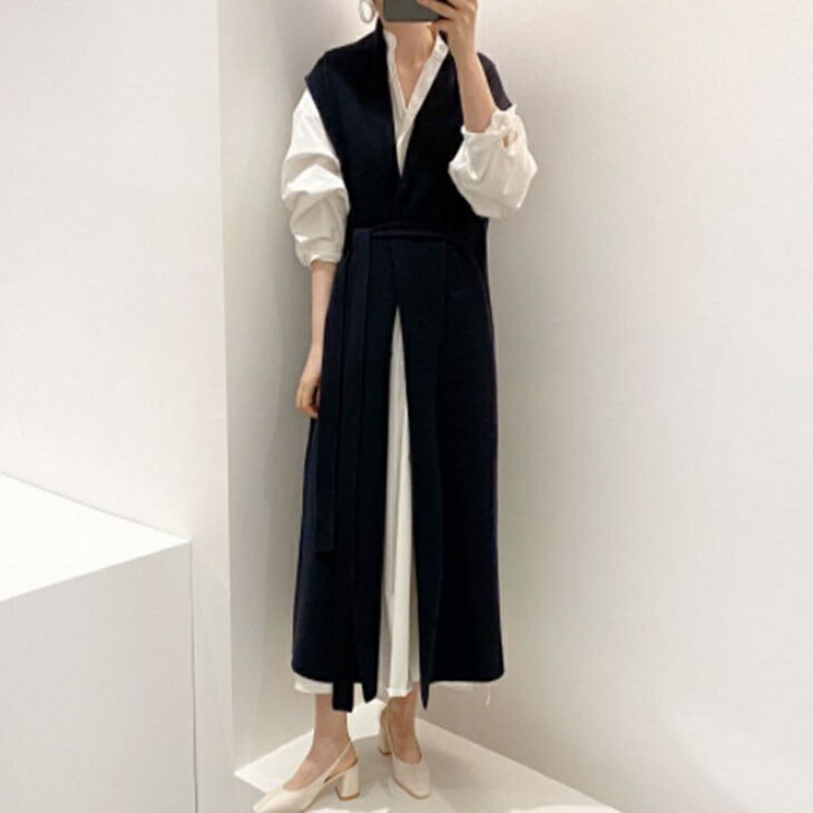【セット販売】Vネックロングベスト＋パフスリーブロングシャツ ざっくり羽織るベスト 大人ベスト 大人ファッション 大人コーデ 大人カジュアル