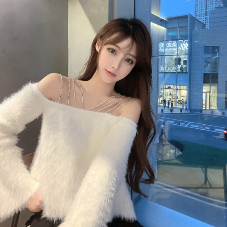 ピュアホワイトファーセーター プルオーバーセーター ショルダーオープンセーター 大人ニット 大人ファッション 大人コーデ 大人カジュアル 大人韓国コーデ