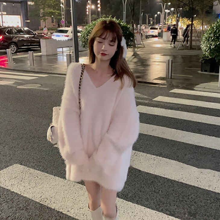 あったかモヘア調Vネック セーター プルオーバーニットセーター  大人ニット 大人ファッション 大人コーデ 大人カジュアル 大人韓国コーデ