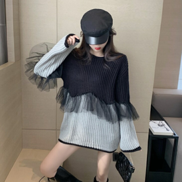 レースステッチラウンドネックニットセーター ルーズプルオーバーニット 大人綺麗ニット 大人ファッション 大人コーデ 大人カジュアル 大人韓国コーデ