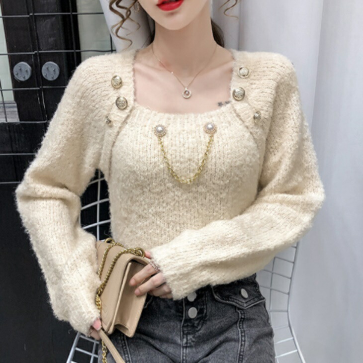 ビシューが可愛いシャツトップセーター 季節をまたいで着られるニット 綺麗スリムシャツ 大人ファッション 大人コーデ 大人カジュアル 大人韓国コーデ