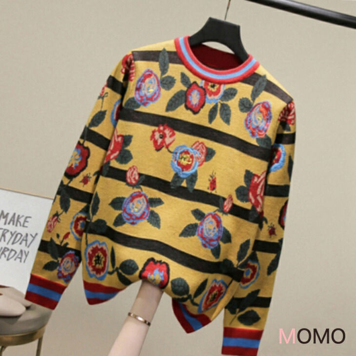 花刺繍が可愛いラウンドウールニットセーター 大人綺麗ニット カジュアルセーター  大人ファッション 大人コーデ 大人カジュアル 大人韓国コーデ