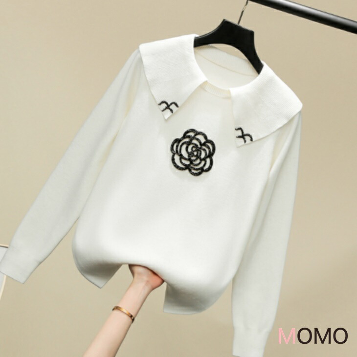 フラワー刺繍のプルオーバーセーター 大人綺麗プルオーバーニット カジュアルセーター  大人ファッション 大人コーデ 大人カジュアル 大人韓国コーデ