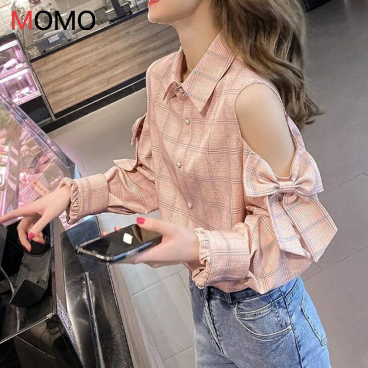 チェック柄オフショルダーシャツ 普段着ナチュラルシャツ シンプルシャツ 大人ファッション 大人コーデ 大人カジュアル 大人韓国コーデ アラサーファッション