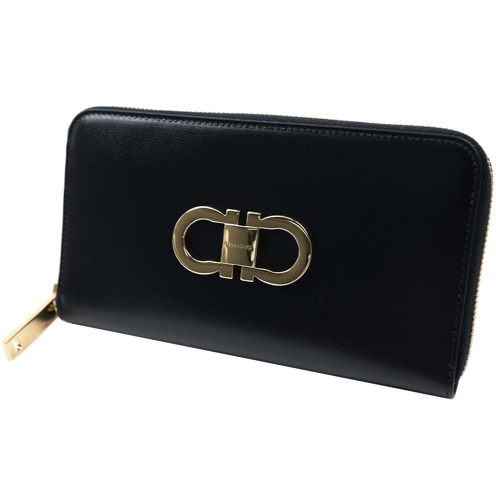 専用！Ferragamo ガンチーニ 長財布 サファイアーノレザー 黒 イタリア フェラガモ 長財布 ガンチーニ ブラック レザー サフィアーノ 二つ折り