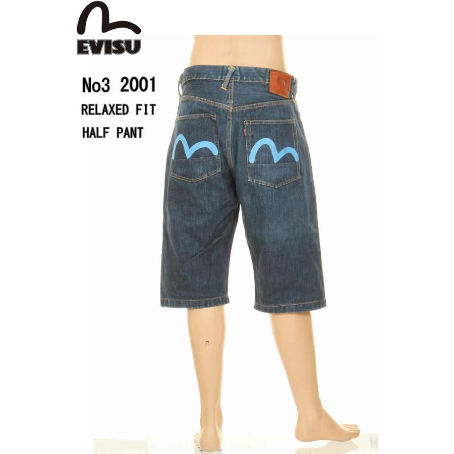 EVISU JEANS USED No3 2001 RELAXED FIT BLUE PAINT MARK HALF PANTS エヴィスジーンズ カモメマーク No3 2001 ハーフ ショート パンツ｜3love
