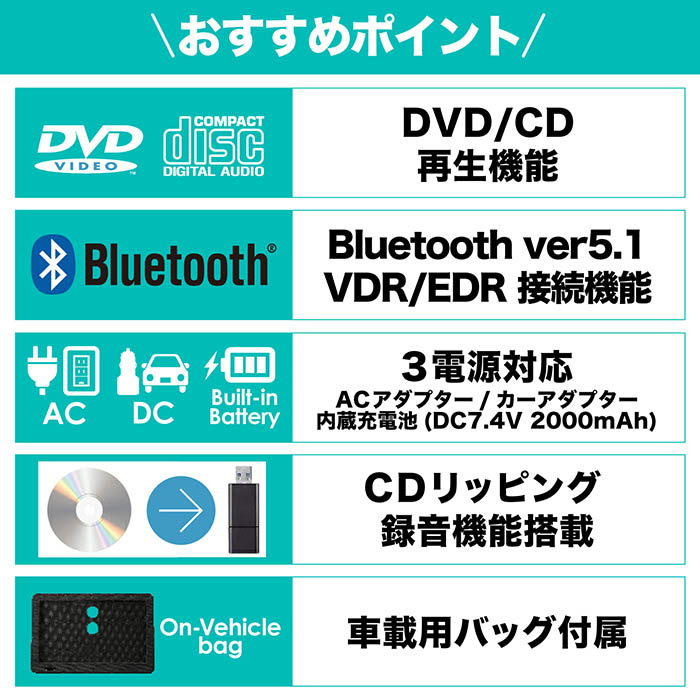 ポータブルDVDプレーヤー 10.1インチ Bluetooth5.1搭載 DVD/CD再生