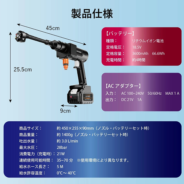 高圧洗浄機 充電式 モバイル高圧洗浄機 9点セット どこでも使える