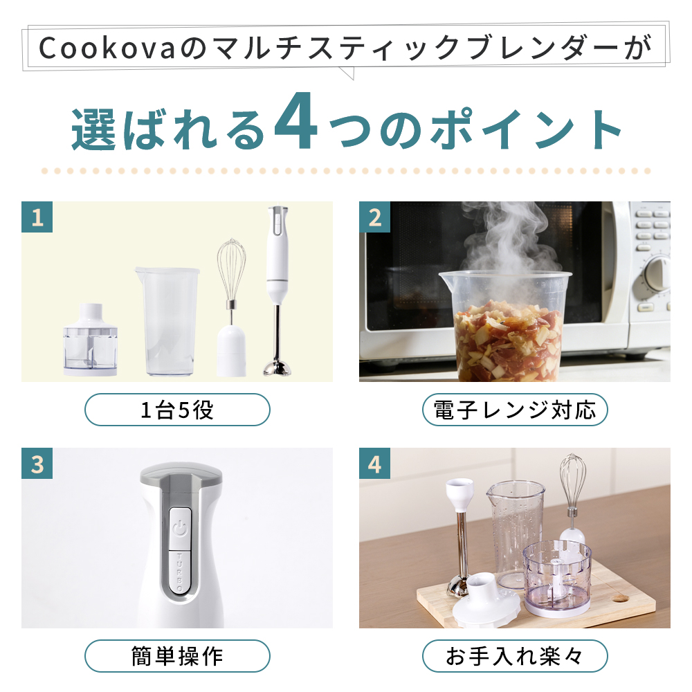 選ばれる4つのポイント 1台5役 電子レンジ対応 簡単操作 お手入れ楽々