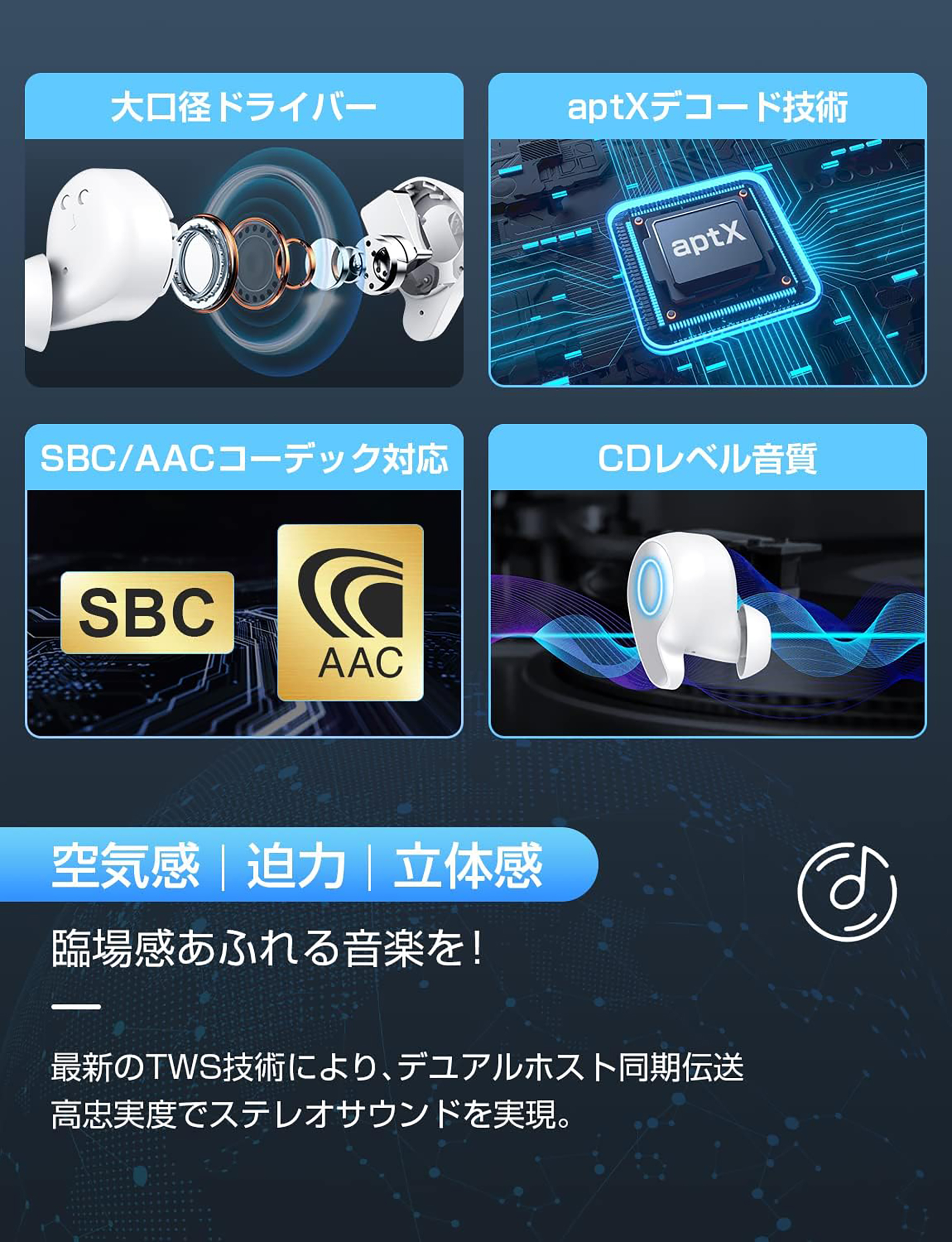 ワイヤレスイヤホ Bluetooth5.3 bluetoothイヤホン 瞬時接続 AAC/ SBC