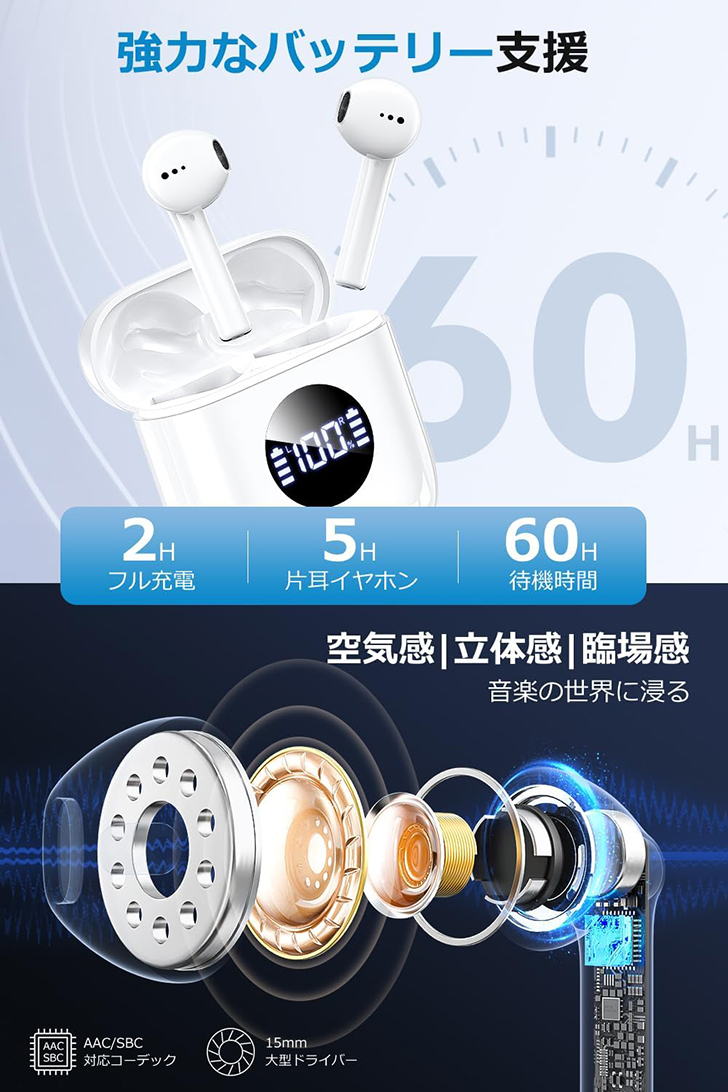 ワイヤレスイヤホン Bluetooth5.3技術 Bluetooth イヤホン ワイヤレス ブルートゥース 数字LEDディスプレイ表示 長時間連続再生 人気 快適な装着感 Hi-Fi音質｜5tyome-shop｜04