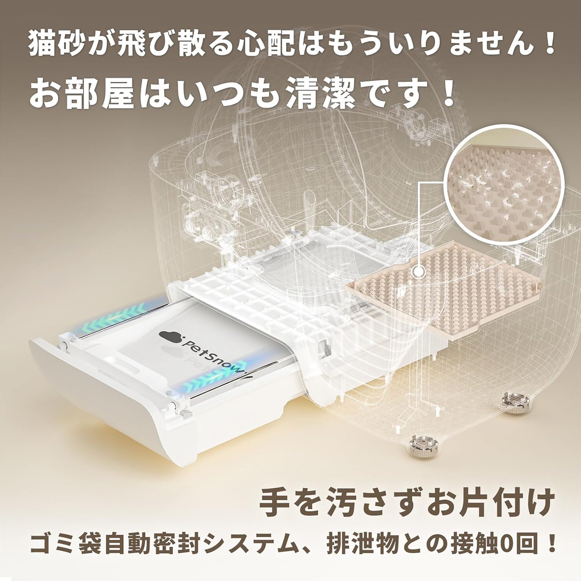 PetSnowy 自動猫用トイレ 自動トイレ 光触媒TiO2三重消臭 飛散