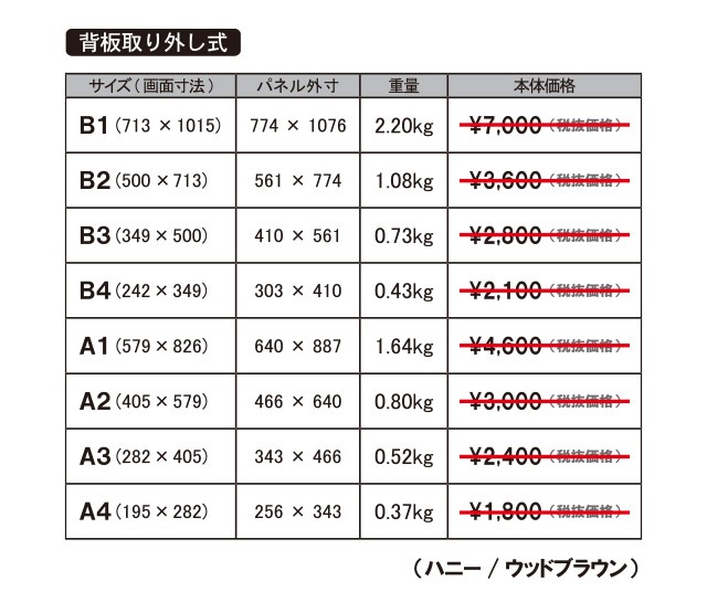 背板取り外し式額縁パネルサイズ