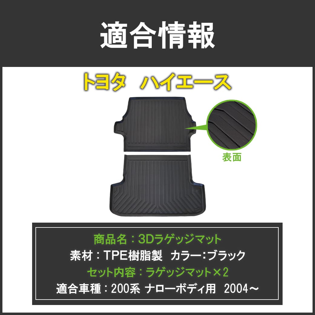 【決まりました】 200系ハイエース S-GLナロー（標準ボディ）用　ラゲッジマット、荷室マット ハイエース ☆ 【ブラック・ナロー用】 3D ラゲッジマット 200系 標準