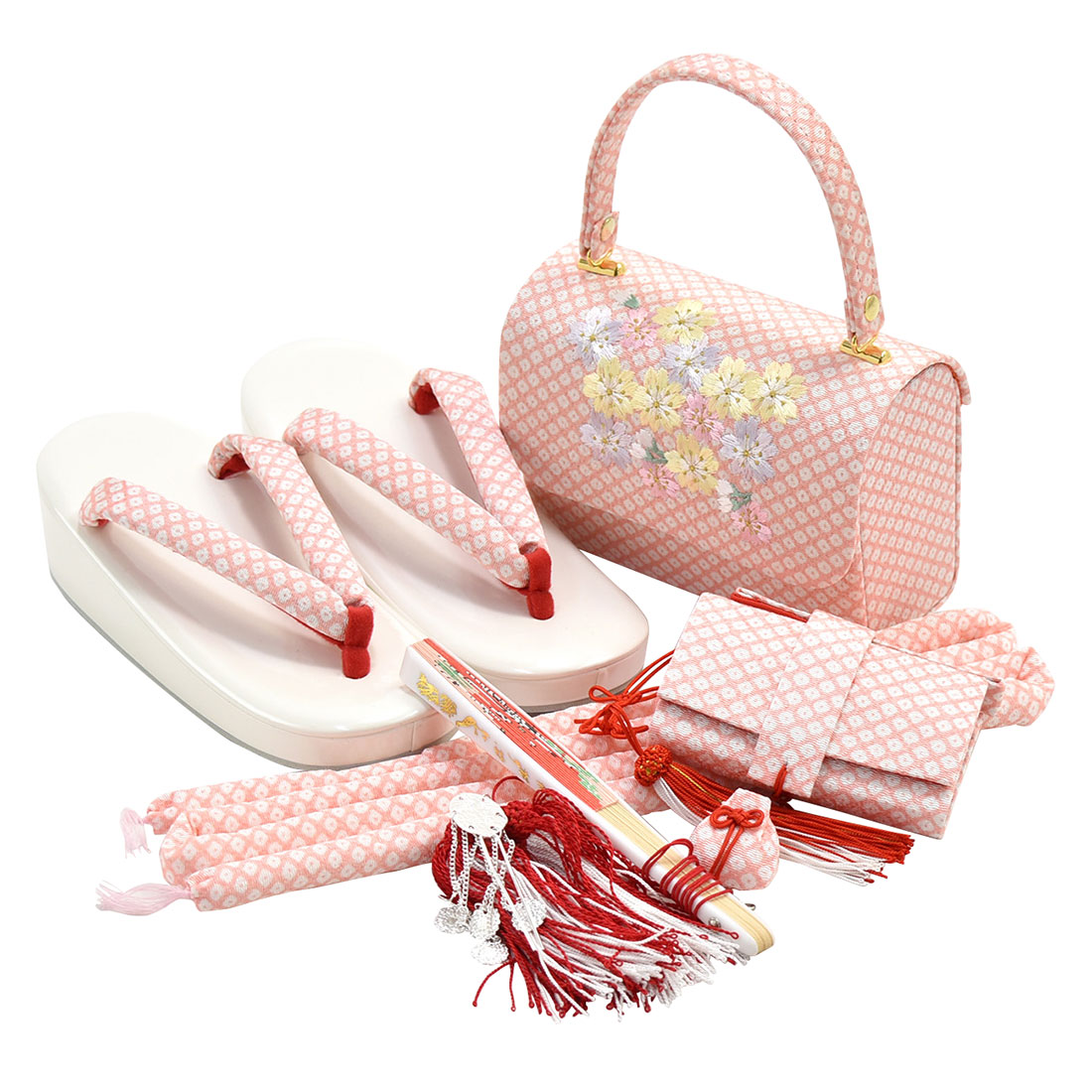 美品★七歳★ピンク 花柄★帯 はこせこ 草履 バッグ なごみや 爆買 七五三 草履 バッグ セット 7歳 通年用 日本製 七五三