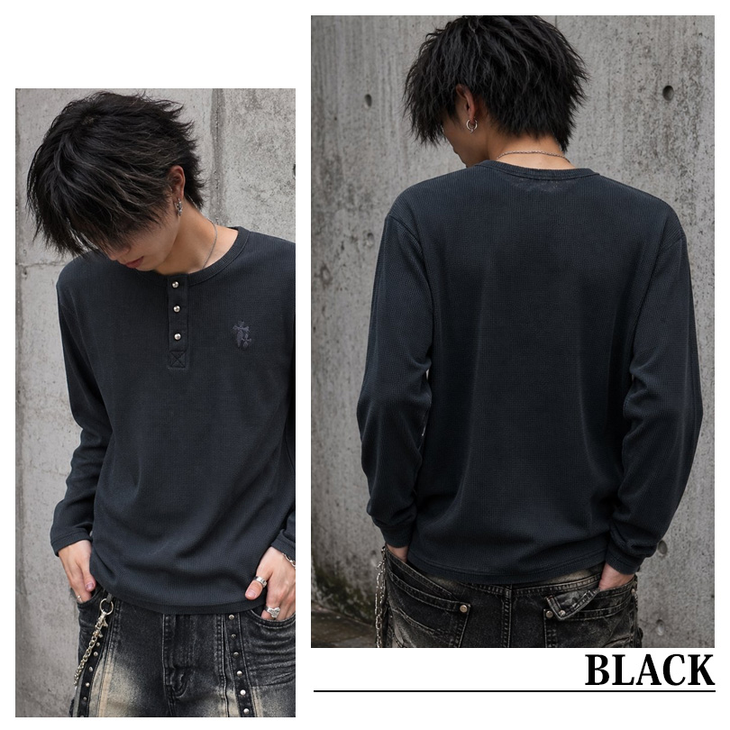 8 クロス刺繍 ワッフルヘンリーネックロンT メンズ Tシャツ ロング