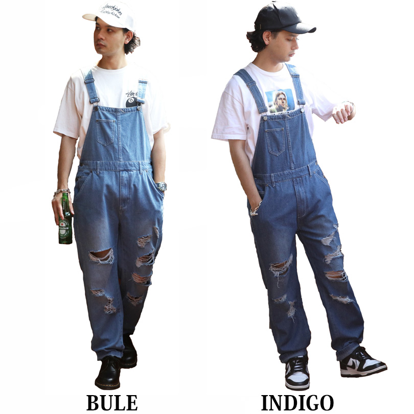 メンズ オーバーオール デニムダメージ 九分丈  パンツ ジーンズ オーバーオール メンズ デニム ダメージ : 8(eight) - 通販