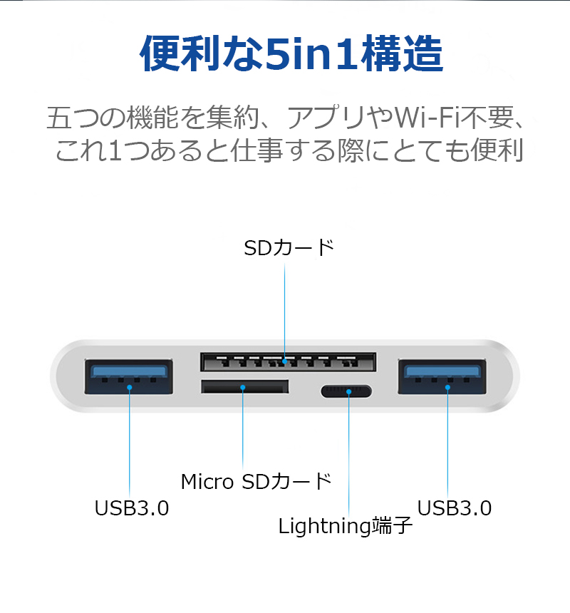 SDカードリーダー メモリーカードリーダー ドッキングステーション ハブ USB3.0 Type-c Lightning 5in1 マイクロSDカード  データ移行 データ保存 変換アダプター 外付けハードディスク、ドライブ