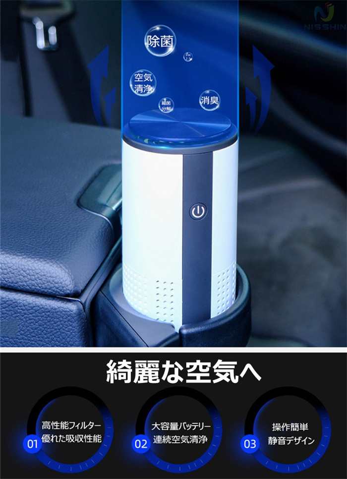 車載空気清浄機 小型 マイナスイオン発生 消臭 USB充電式 LEDライト付き 車 家 両用 LEDライトホワイト :u-12:日進ストア - 通販  - Yahoo!ショッピング