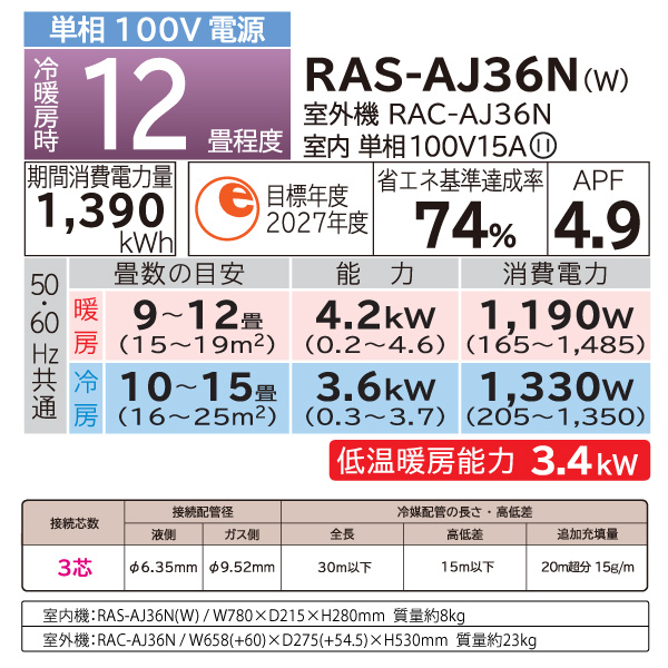 日立 HITACHI ルームエアコン RAS-AJ36N(W) 白くまくん AJシリーズ 主に 12畳用 3.6kw スターホワイト 単相100V 取り付け工事費別です RASAJ36NW｜a-do｜08